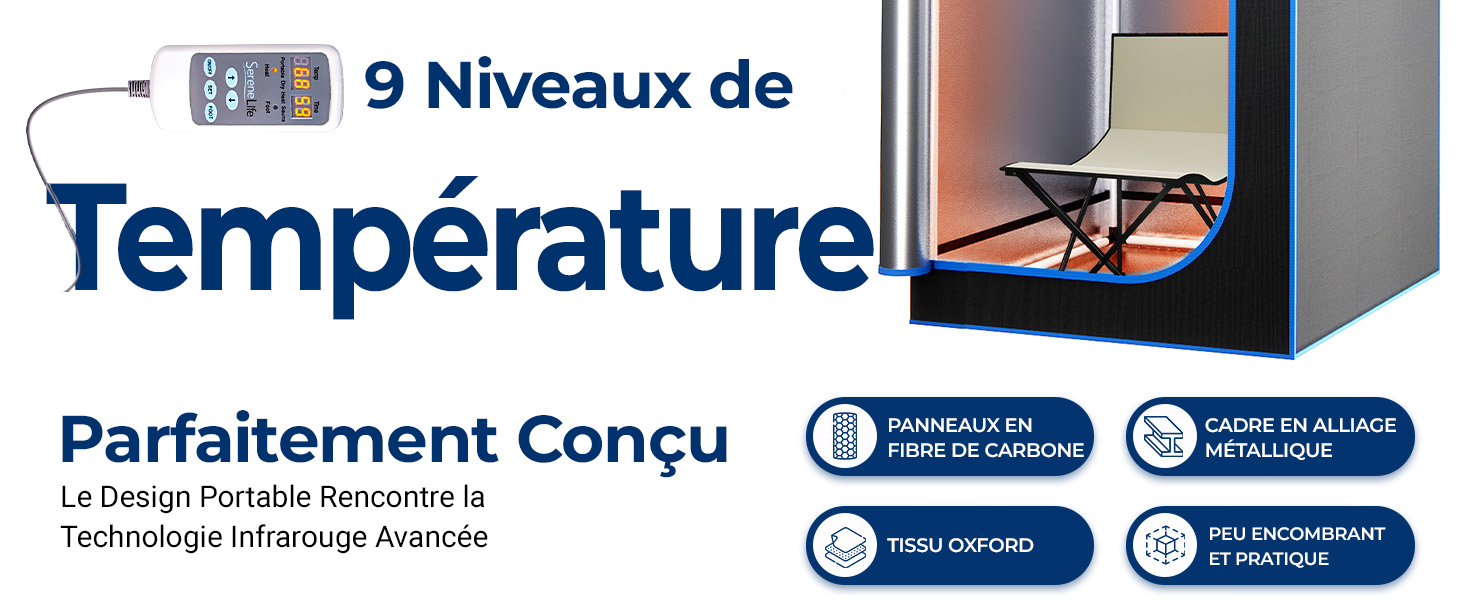 avec 9 niveaux de température, doté de la technologie infrarouge. Produit présenté en cours d'utilisation sur une chaise. Les icônes mettent en valeur le cadre en métal, le tissu Oxford et les caractéristiques de surface non brûlantes