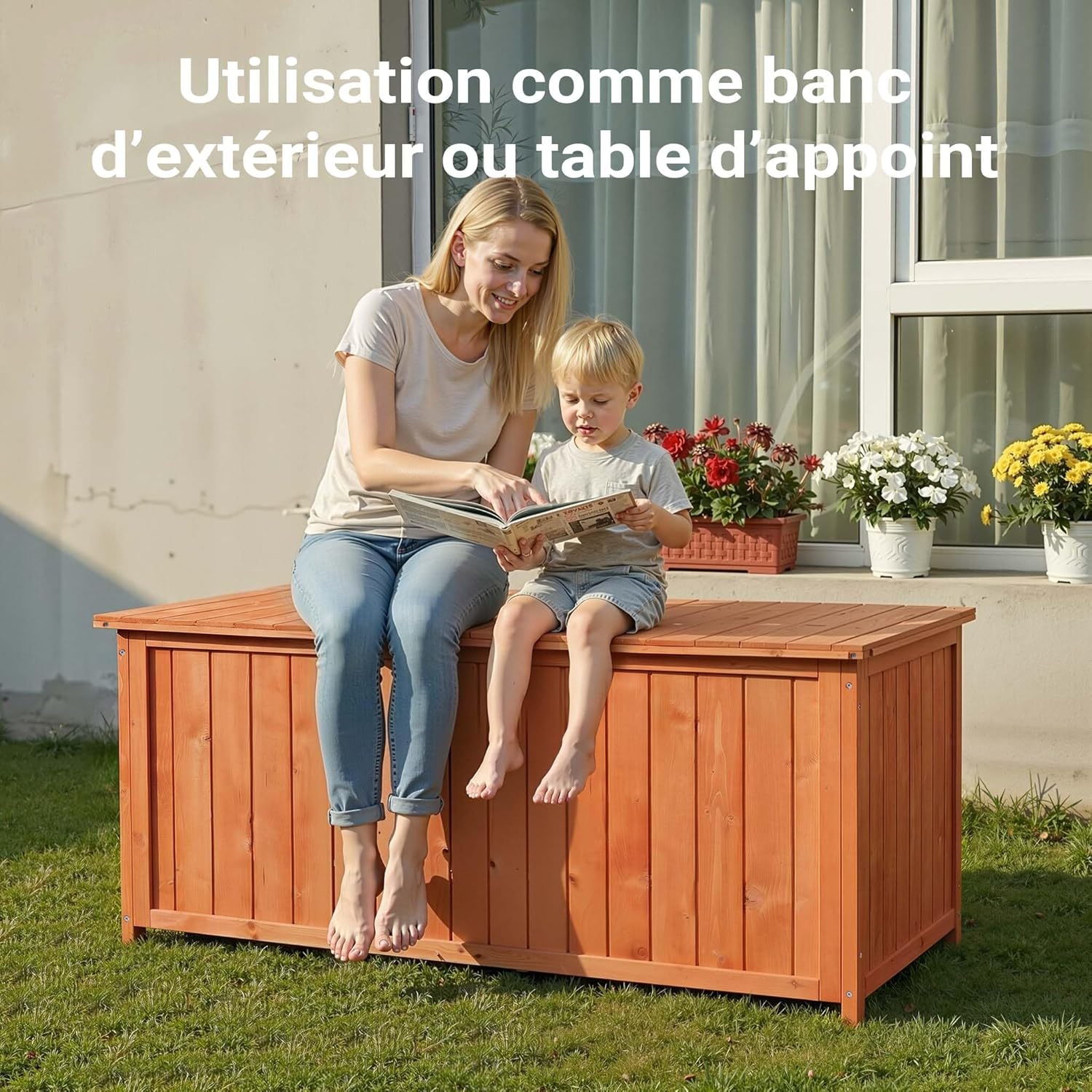 Wiltec - Coffre de jardin bois épicéa 127x55x60 cm, couvercle et fixations