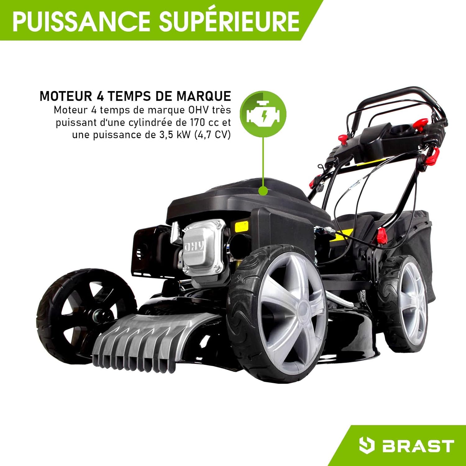 BRAST Tondeuse Thermique tractée démarrage électrique 170ccm 3,5kW (4,76 CV) 46 cm Coupe 30-80, Vitesse d'entraînement Triple réglable 60 l Moteur 4 Temps, 4en 1, châssis en tôle d'acier
