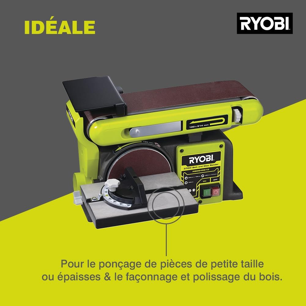 RYOBI - Ponceuse à Bande et a disque RBDS4601G – Moteur 370W, Bande 100x914 mm, Disque Ø150mm, Buse d’aspiration, Butée, Idéale Bois et Métaux – Outil Stationnaire pour Atelier