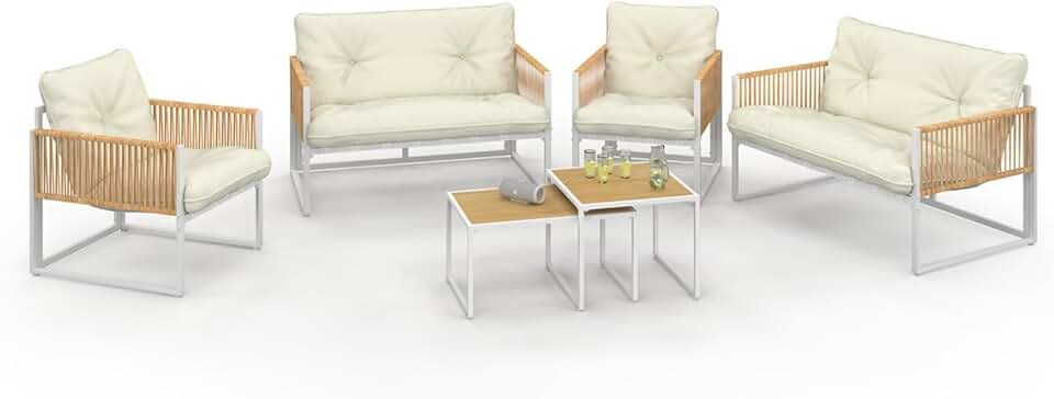 IDMarket - Rio série - 6 places - métal blanc, corde rotin, coussins beige