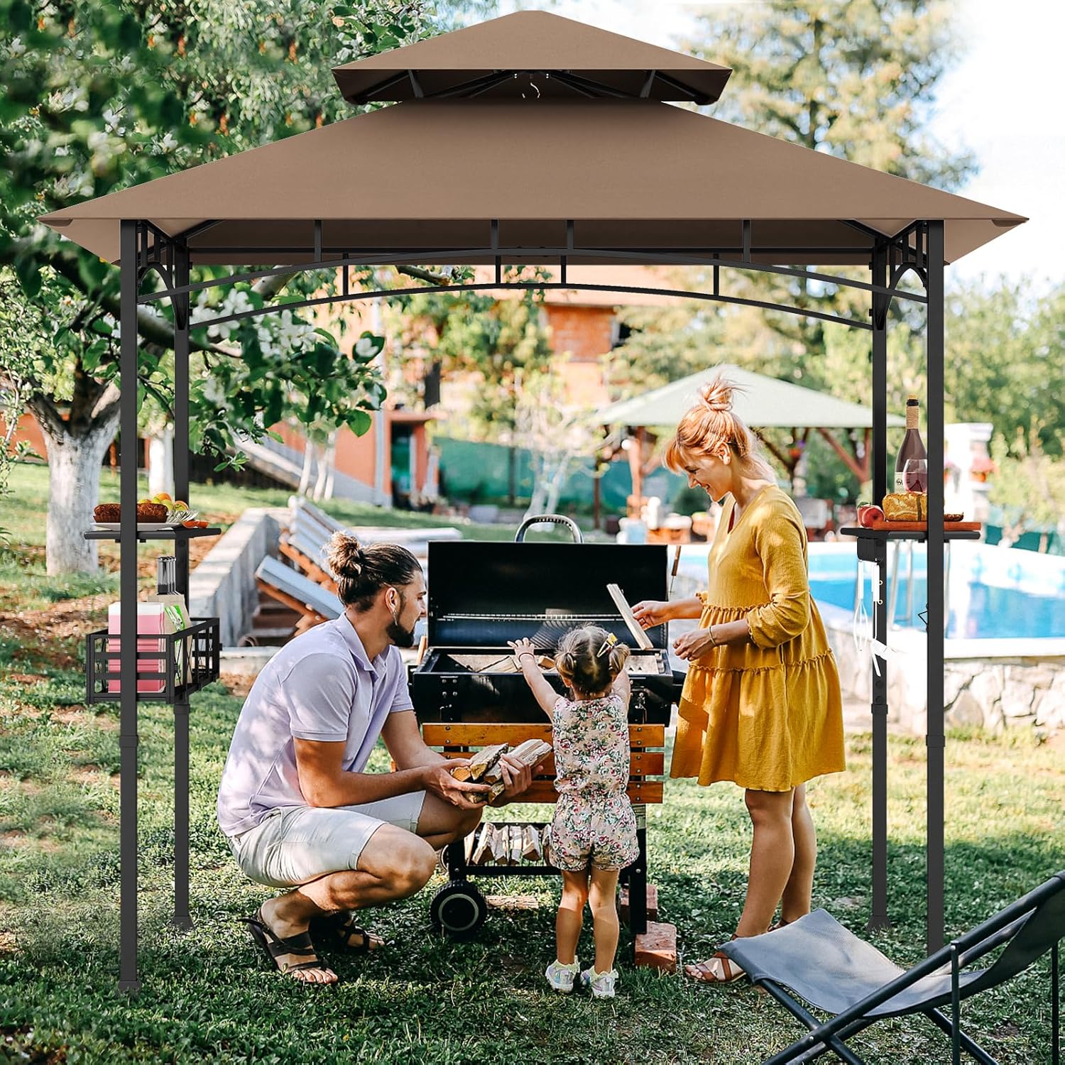 GOPLUS - tonnelle barbecue extérieur - 242x153x250cm - double toit, crochets, décapsuleur