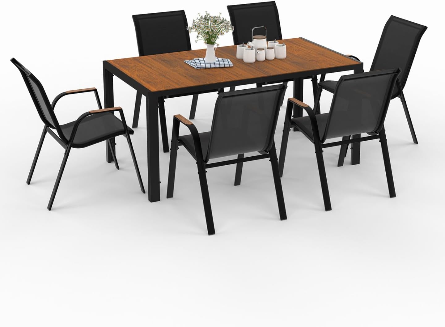 IDMarket - Salon de jardin NOUMEA - 150 cm - plateau verre/bois, 6 chaises