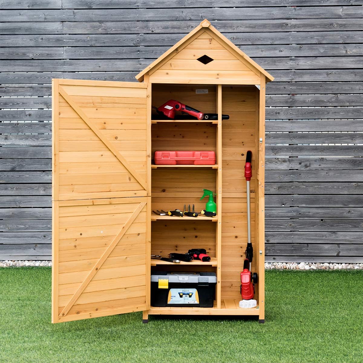 COSTWAY Armoire de Jardin Bois 5 Etagères, Abris de Jardin Bois Verrouillable en Bois de Sapin pour Outils de Jardin avec Etagères,Toit en Tôle Galvanisée pour Maison, Jardin, Cour