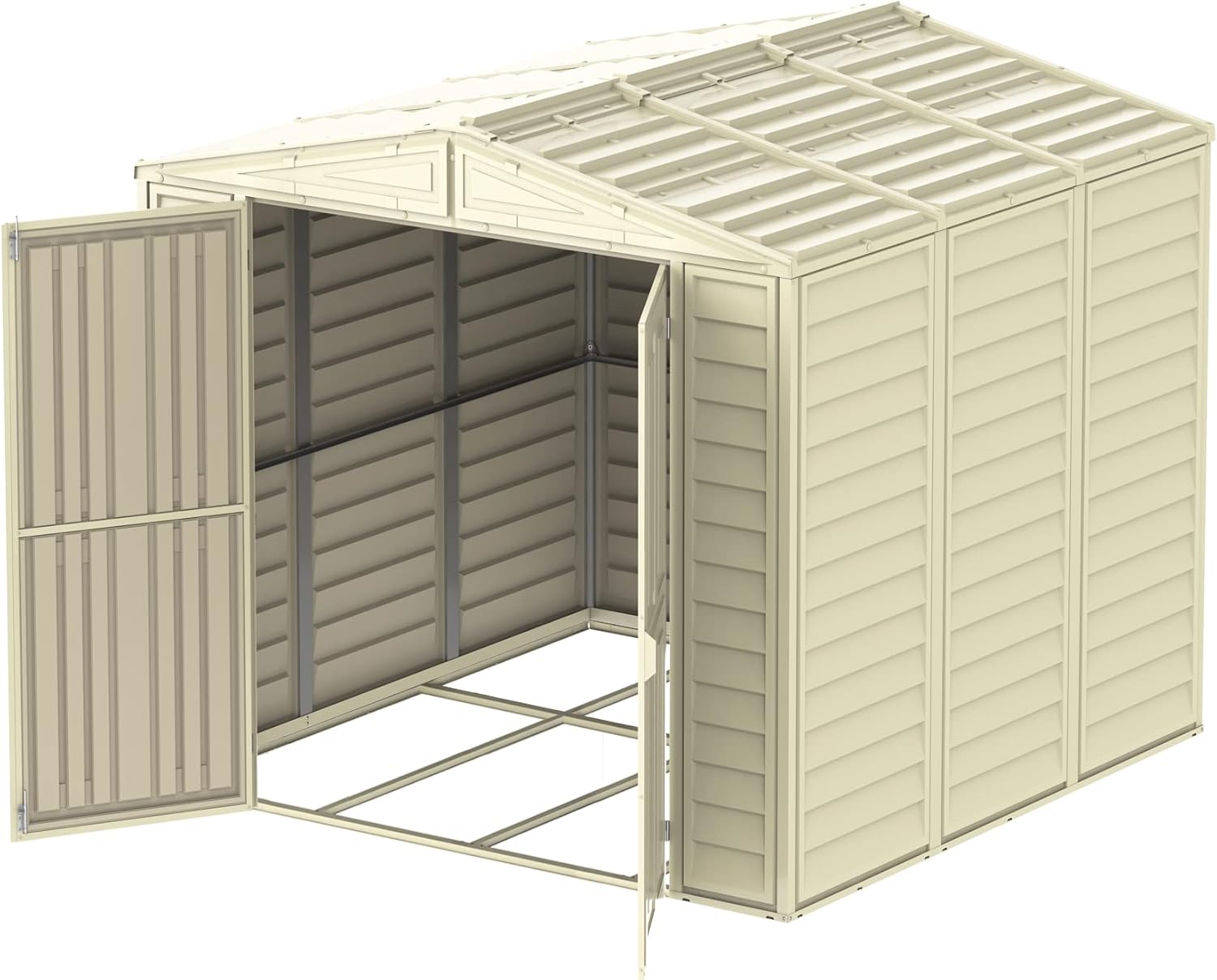 Duramax DuraMate 8 x 8 (5.75 m²) Abri de jardin en plastique avec kit de fondation en métal, structure de toit en métal robuste, abri en vinyle sans entretien - Ivoire
