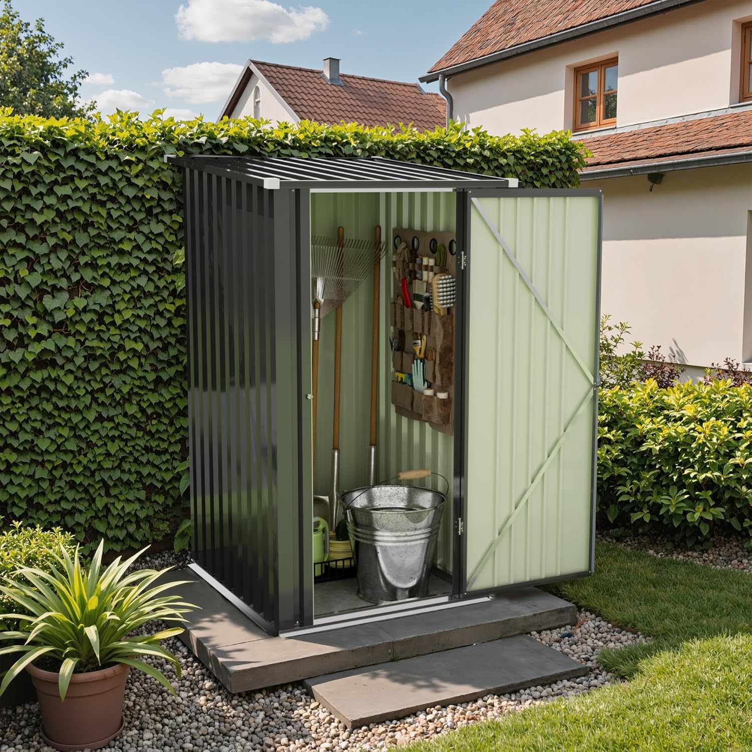 Devoko Abri de jardin en métal 96x98x160 cm, abris de jardin avec toit en appentis, robuste et inoxydable, incluant des gants de travail, porte pivotante verrouillable, petit abri de jardin en acier