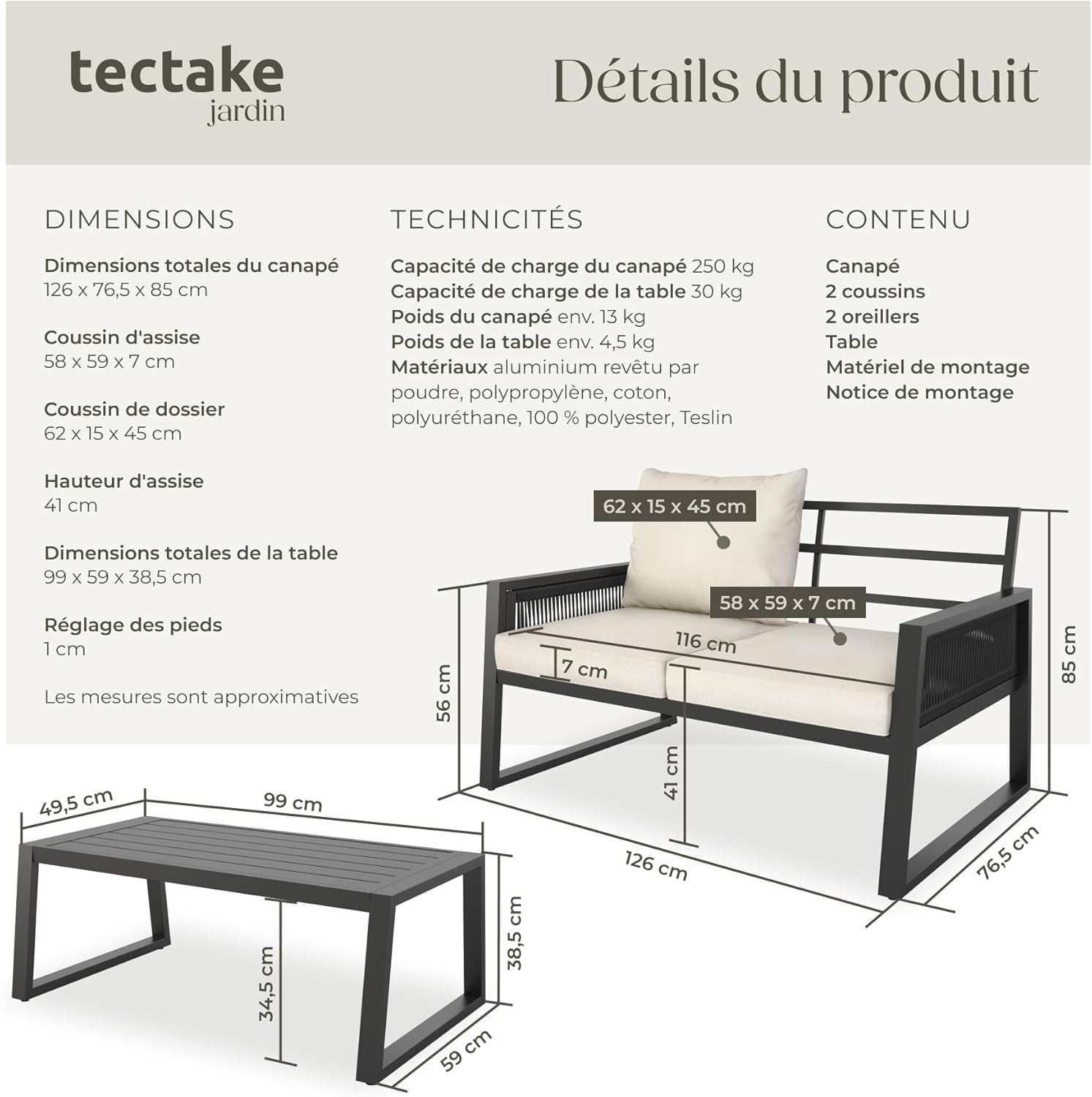 tectake - salon de jardin 2 places, alu époxy, coussins épais, table