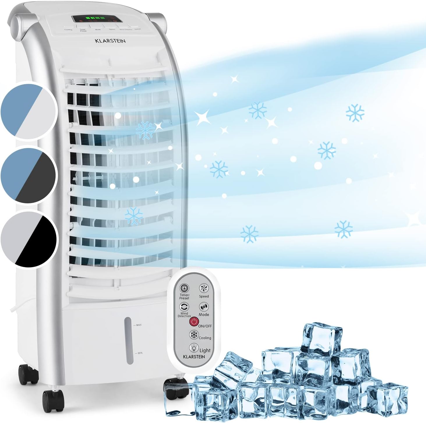 Klarstein Rafraichisseur d'Air 4 en 1, Climatiseur Portable, Humidificateur, Ventilateur, Ioniseur, Climatiseur Mobile Sans Évacuation, Pack Glacons, Réservoir 6L, 65W, Puissant Débit d'Air 444m³/h
