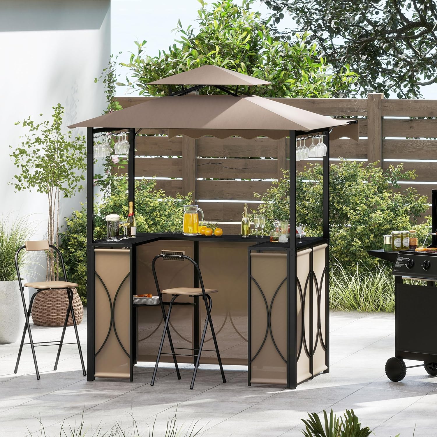 GOPLUS 4 Pcs Ensemble Salon de Bar, Abri Barbecue Jardin Exterieur avec Auvent Latéral, Table de Bar, 2 Tabourets Pliants, Crochet et 4 Rangées Porte-Verres (Café|Auvent|Chaises)
