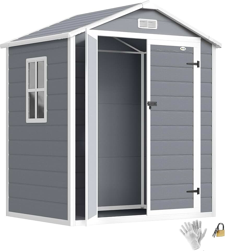 Outsunny - abri de jardin résine 2,12m², double porte, fenêtre, toit pente