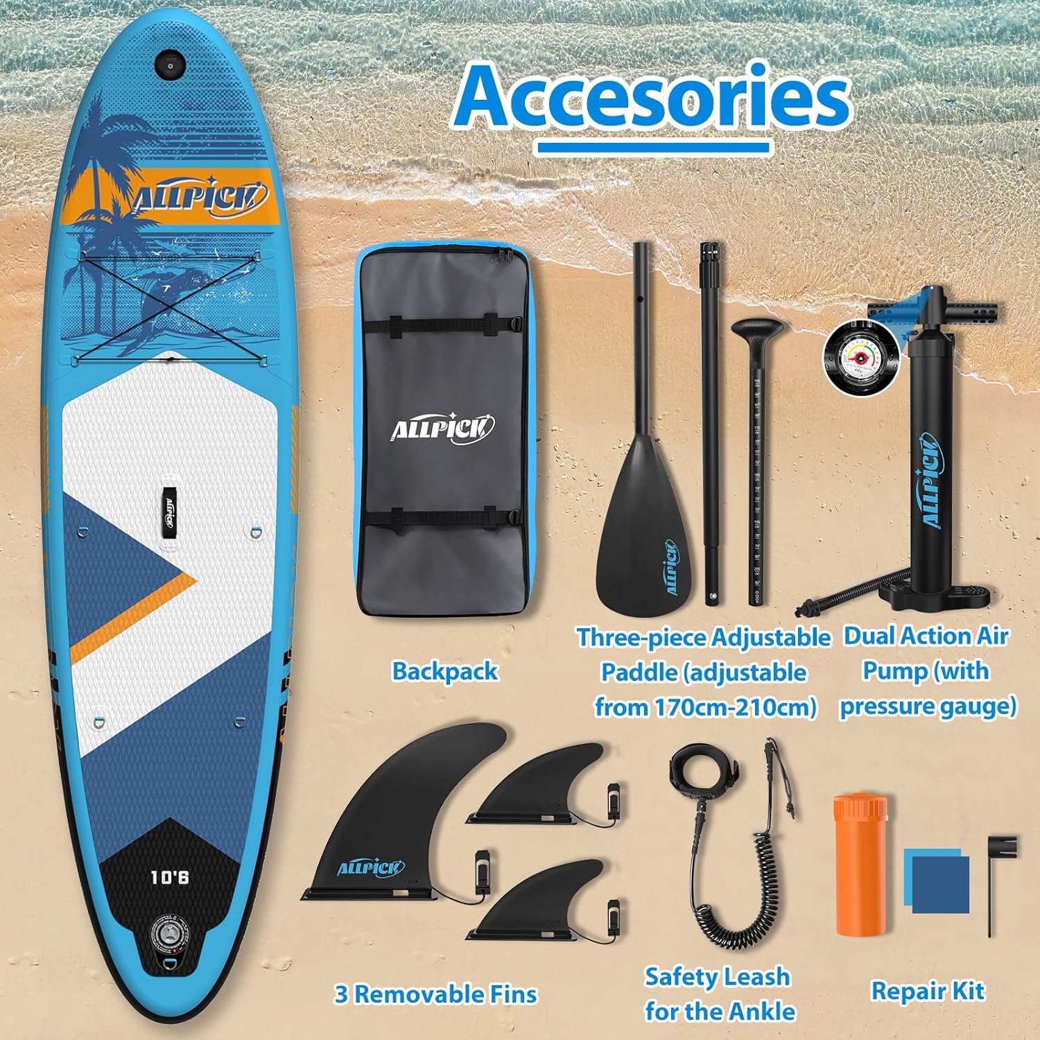 ALLPICK Paddle Gonflable, Kit de Padelsurf de Stand Up Paddle Sup Gonflable de 320 cm, avec Support Universel pour Caméra, Pagaie réglable, Débutants et confirmés, 200 kg