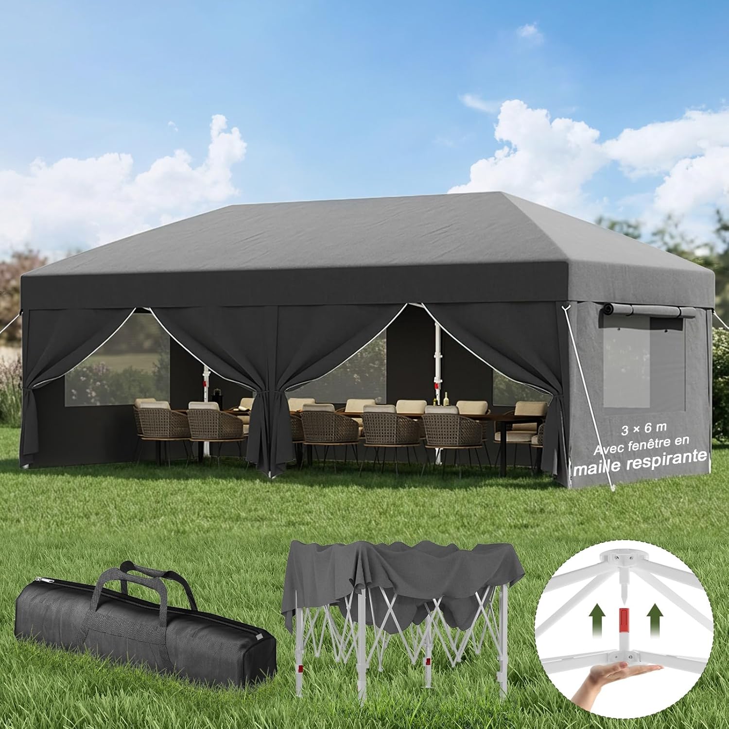 Devoko - tonnelle pliante série gris - 3x6m - imperméable, protection UV 50+, fenêtres moustiquaires