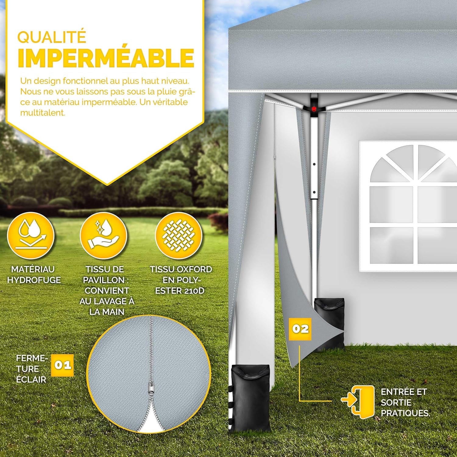 tillvex Tonnelle pliable imperméable 3 x 3 m - Pavillon de jardin Pop-up réglable en hauteur - Tonnelle de jardin protection UV 50+ avec sac - Gris - avec 2 parois