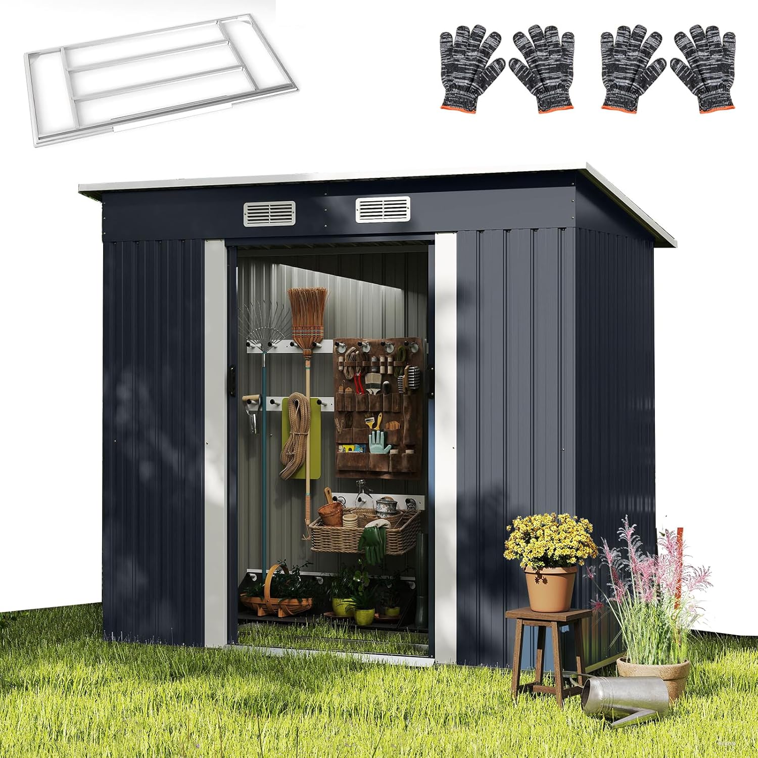 RELAX4LIFE Abri de Jardin en Métal 4m³ avec Toit Incliné, Porte Coulissante Verrouillable et Aérations, Cabane à Outils Extérieur pour Jardin, Cour, Pelouse, Patio, 213 x 112 x 186 CM
