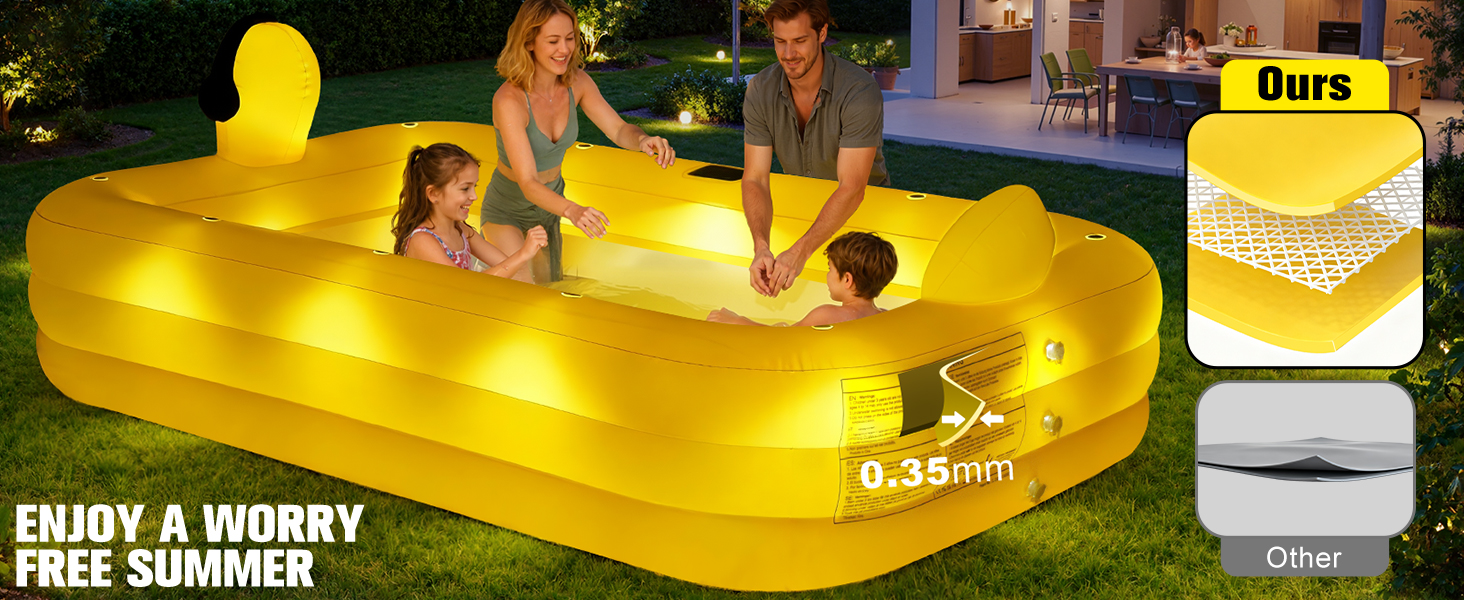Le texte indique « PROFITEZ D'UN ÉTÉ SANS SOUCIS » et « Le nôtre ». Grand flotteur de piscine gonflable jaune de forme rectangulaire, illustré dans une piscine extérieure avec des personnes.