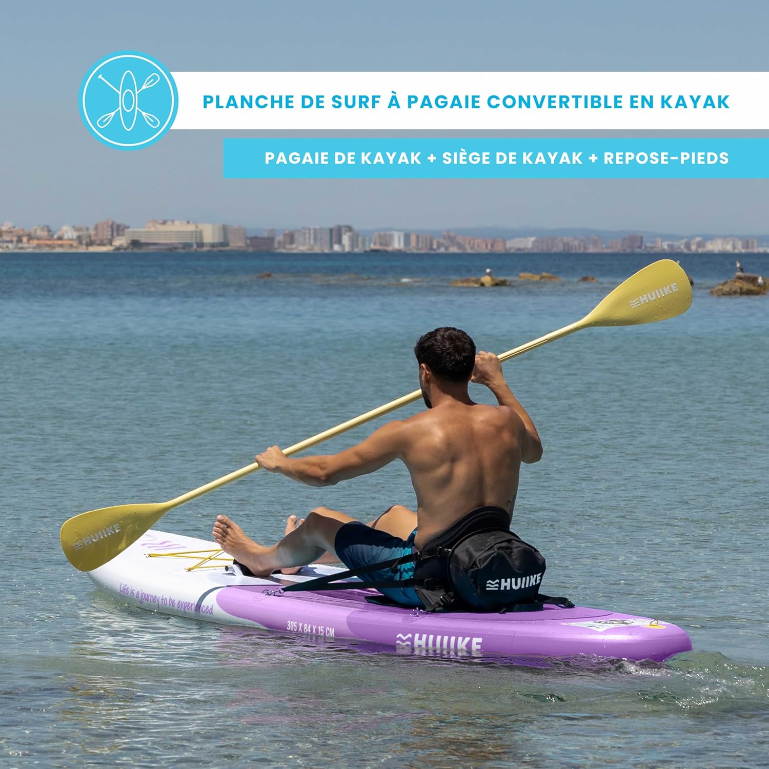 HUIIKE Paddle Gonflable Adulte avec Accessoires Inclus, Pagaie, Ailerons, Pompe. Planche de Stand Up Paddle Grande Stabilité et Résistance. 305 x 84 x 15 cm, Jusqu'à 130 kg