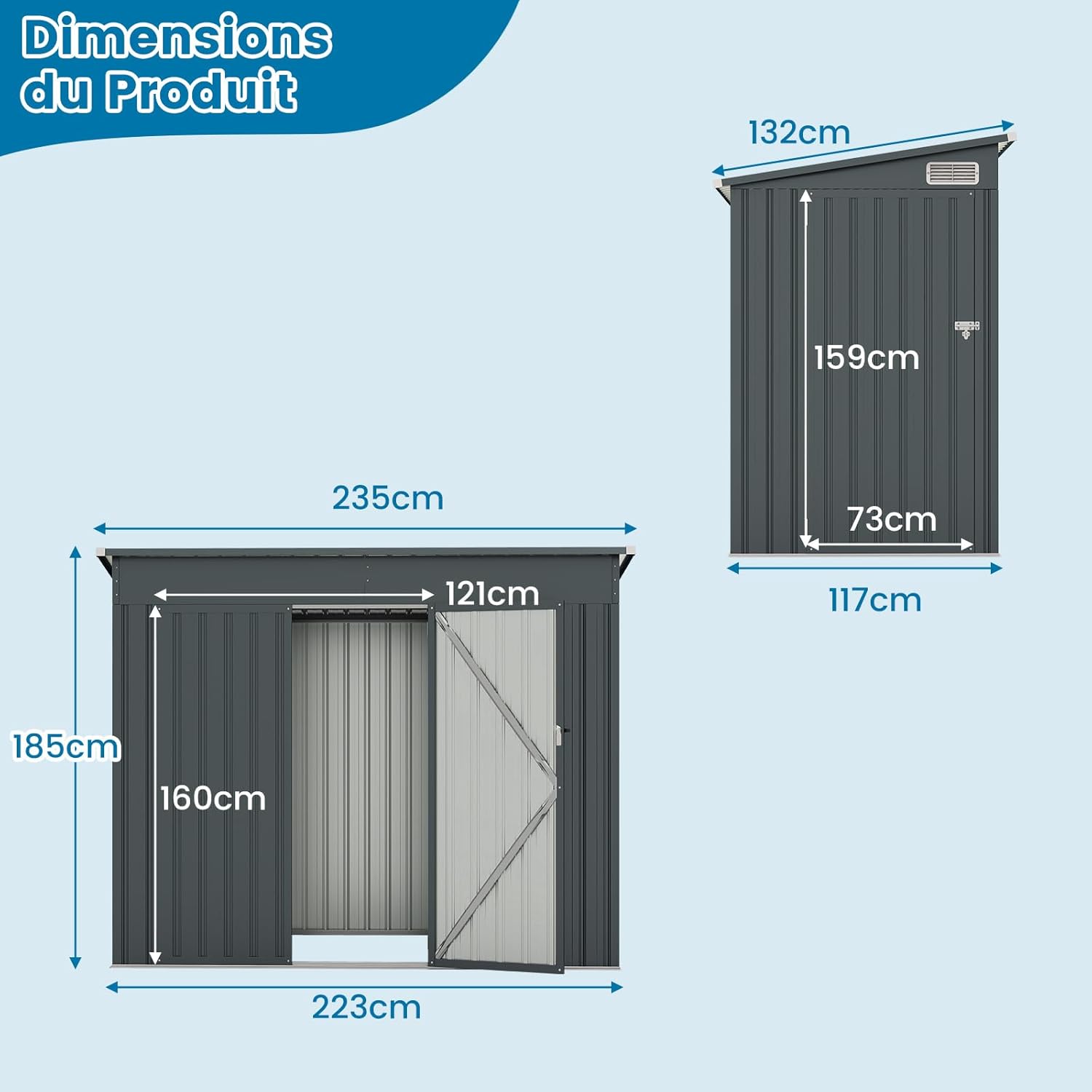 COSTWAY - Cabane de jardin métal 2,6㎡, porte sécurisée, toit penté, 4 gants, aérations.