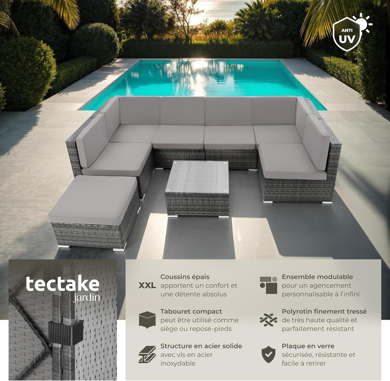 Tectake - Salon de jardin modulable 6 places - rotin, gris, confortable