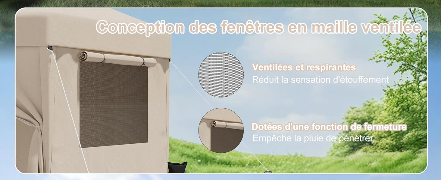 Le texte indique « Composition des barèmes en matériaux » avec les spécifications du produit. Tente beige avec fenêtre d'entrée foncée, décoration circulaire, jardin extérieur et fond de ciel visibles.