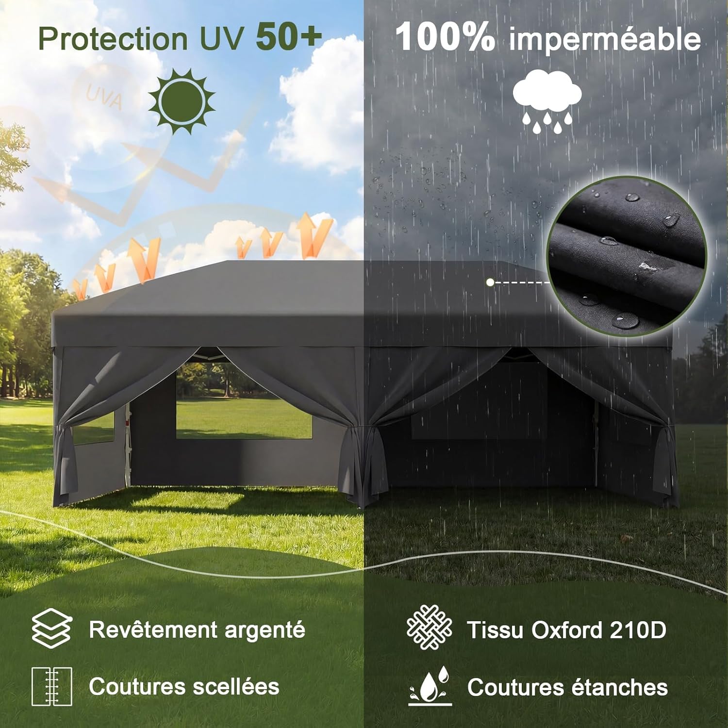 Devoko - tonnelle pliante série gris - 3x6m - imperméable, protection UV 50+, fenêtres moustiquaires
