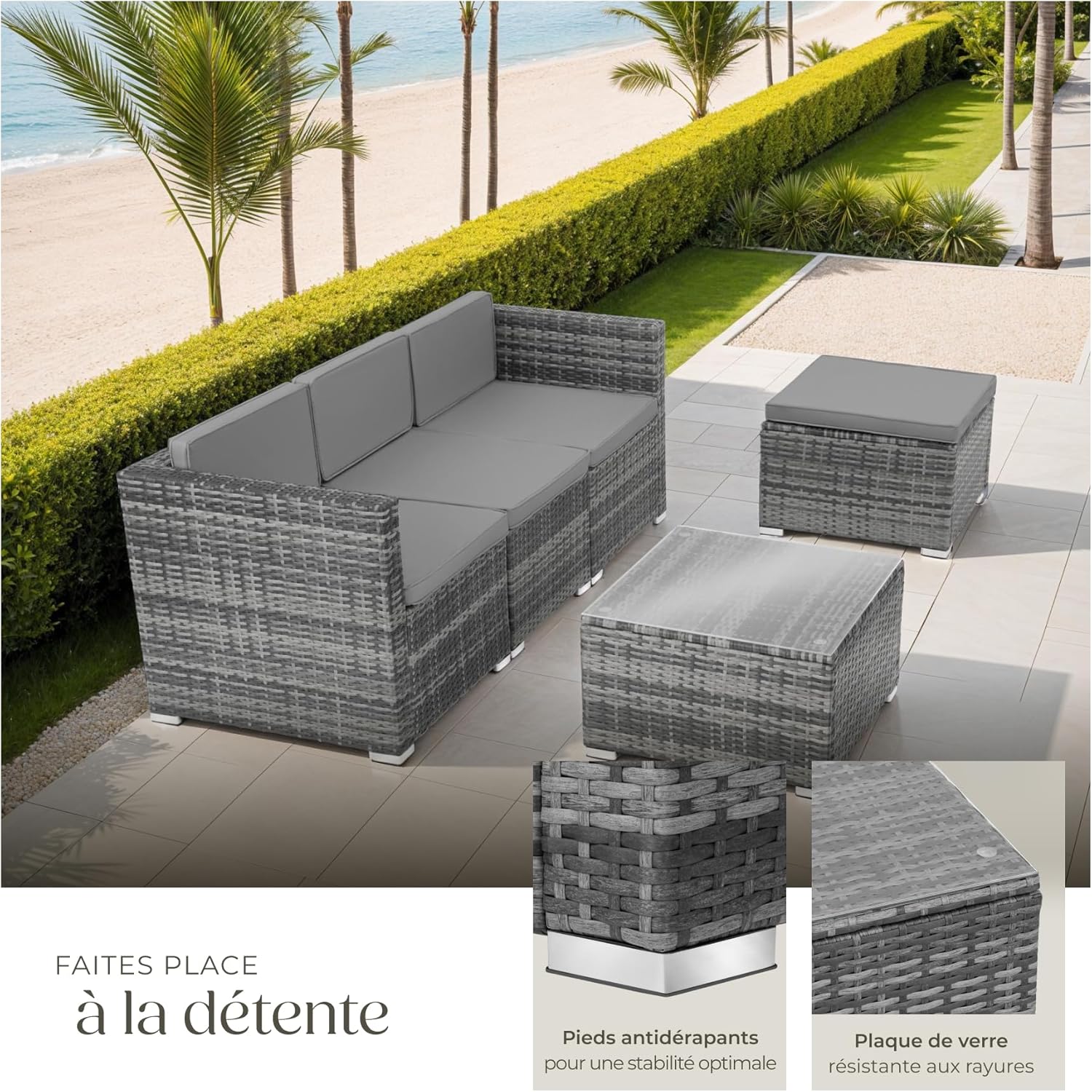 tectake - Salon de jardin modulable 4 places, poly rotin, table et poufs