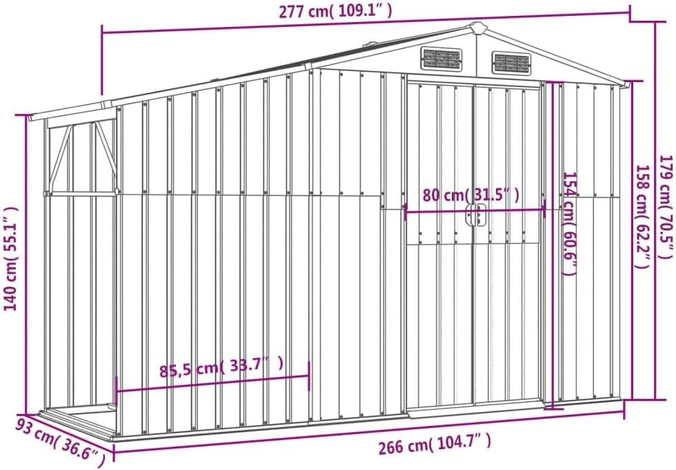vidaXL Abri de Jardin, Cabane à Outils avec Poignées, Remise à Outils avec Toit Inclinable, Abri de Rangement Terrasse, Vert 277x93x179 cm Acier Galvanisé