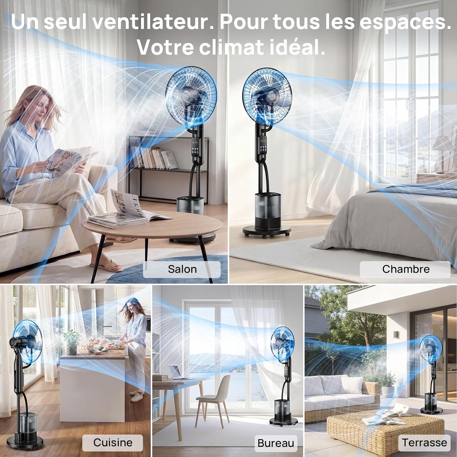 NebulaFlow - Ventilateur Brumisateur Amélioré - réservoir 4L, oscillant, 5 vitesses, minuterie, télécommande, 7,5h