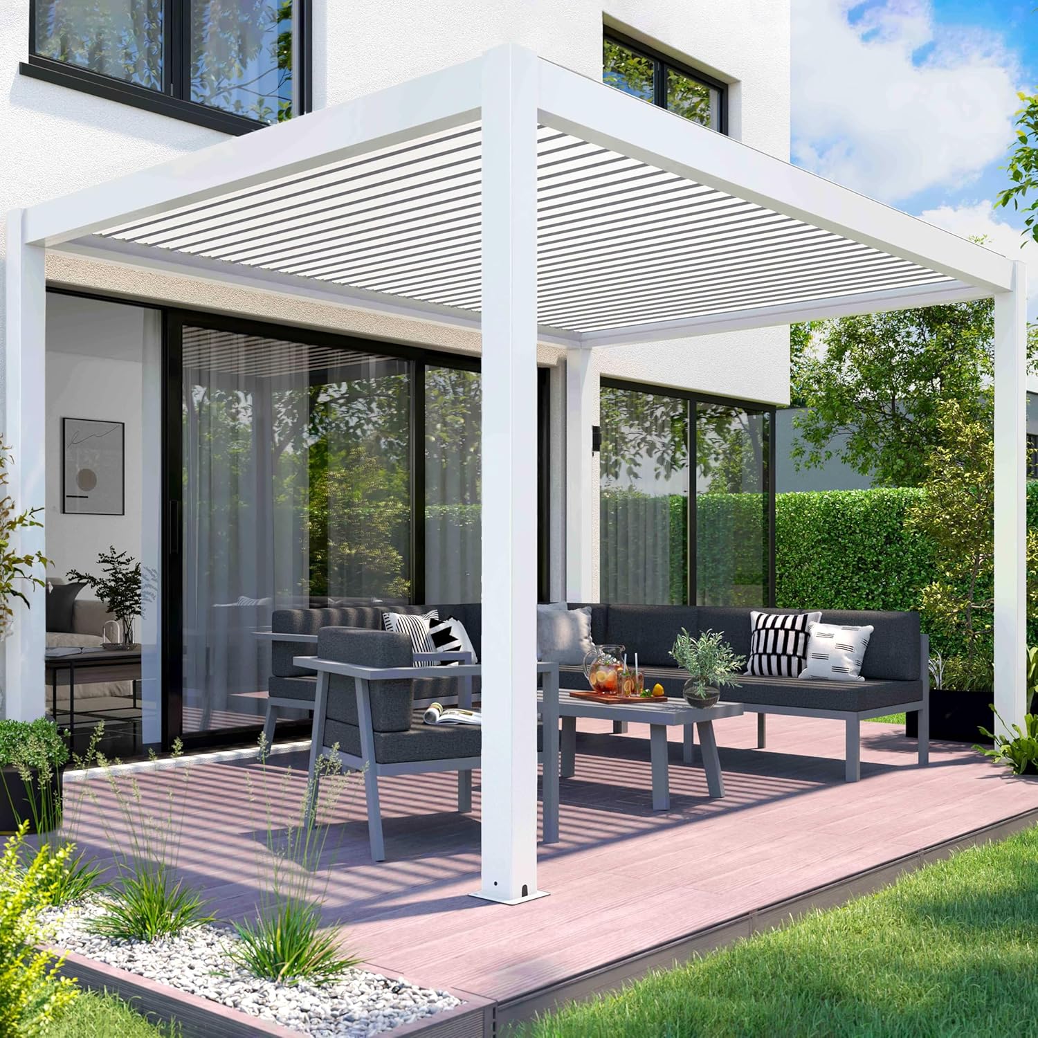 Oviala - Pergola bioclimatique motorisée éclairage - 3x4 m - Blanc