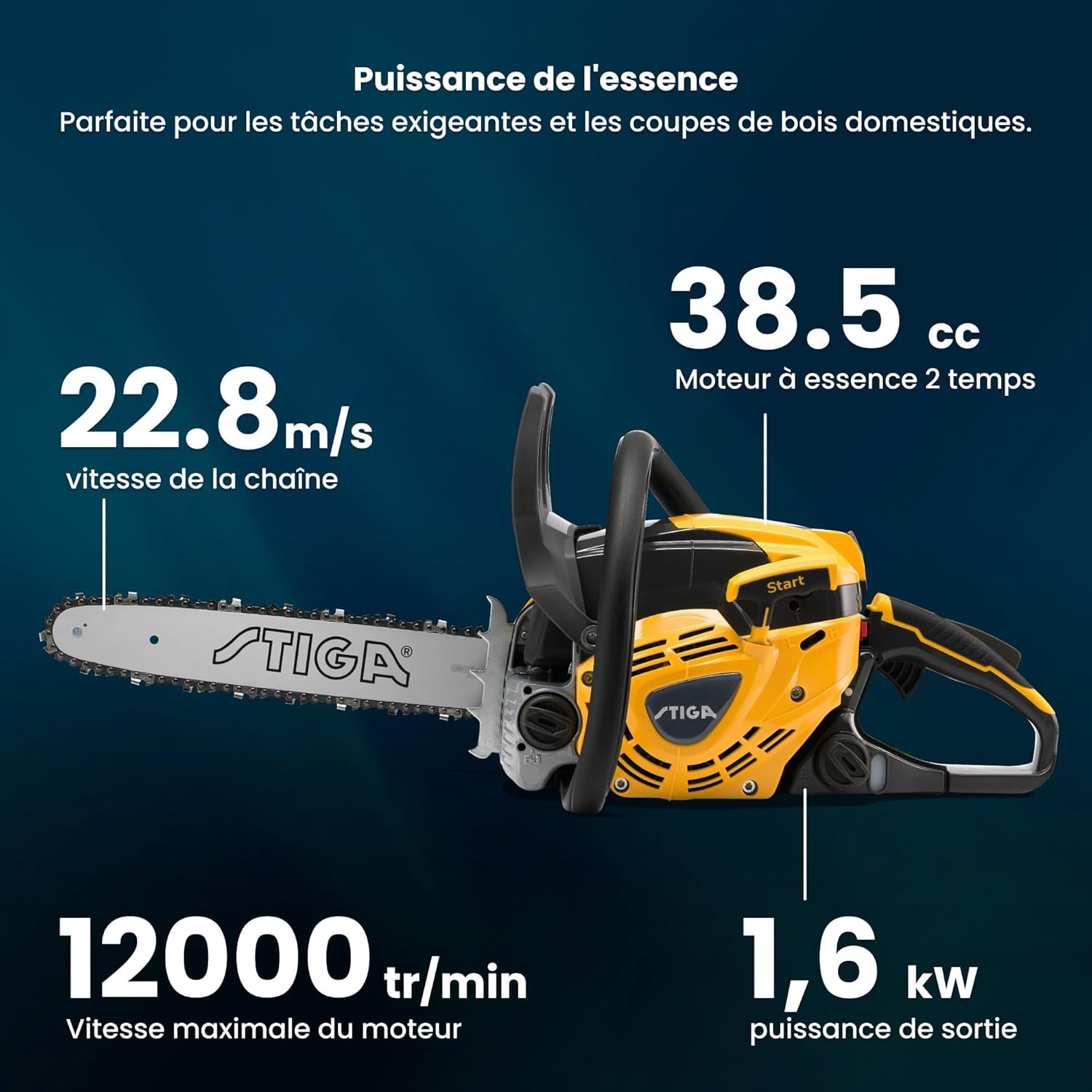 STIGA CS 540 (14') tronçonneuses - Moteur 1,6 kW 38,5 cc, guide 35 cm, carter en magnésium, pompe à huile automatique réglable, guidon ergonomique Soft-Touch