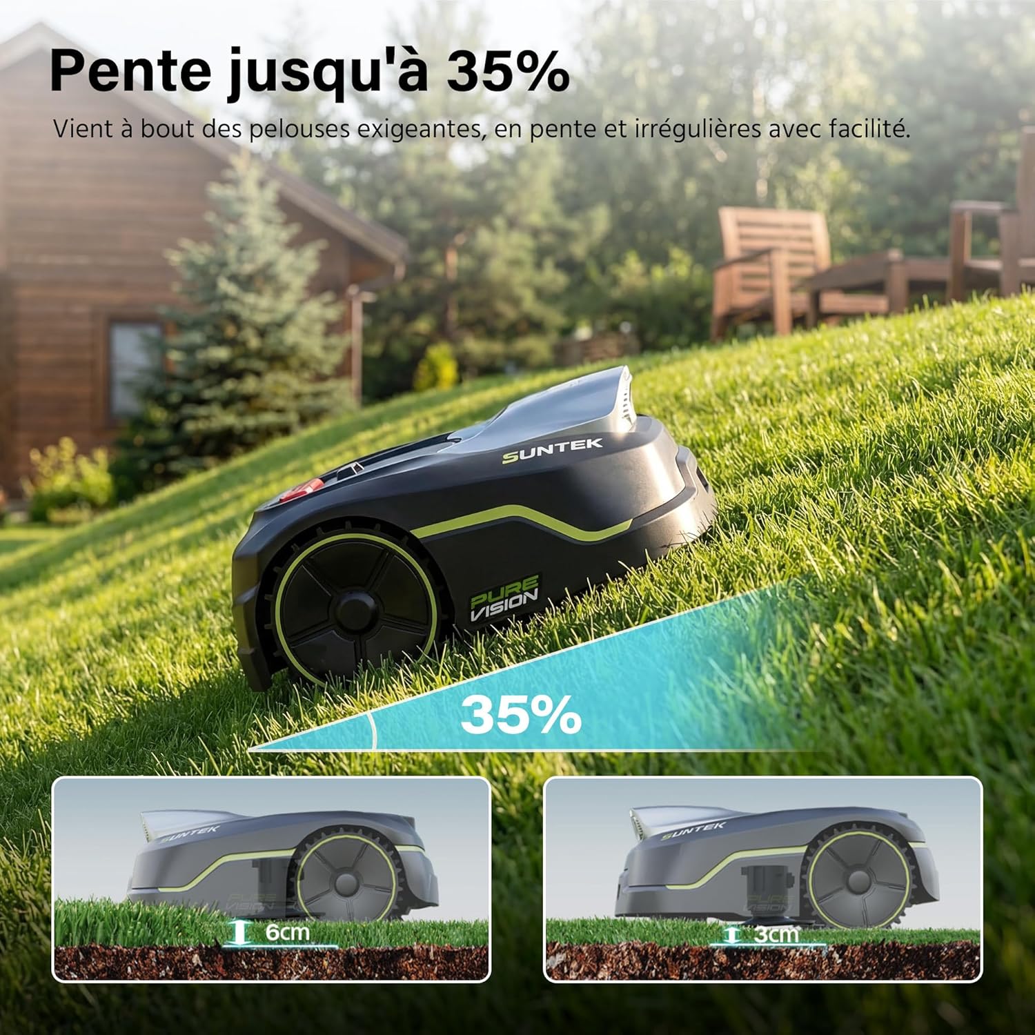 Suntek - Robot Tondeuse IA Caméra, 500m², pente 35°, IPX5, contrôle APP
