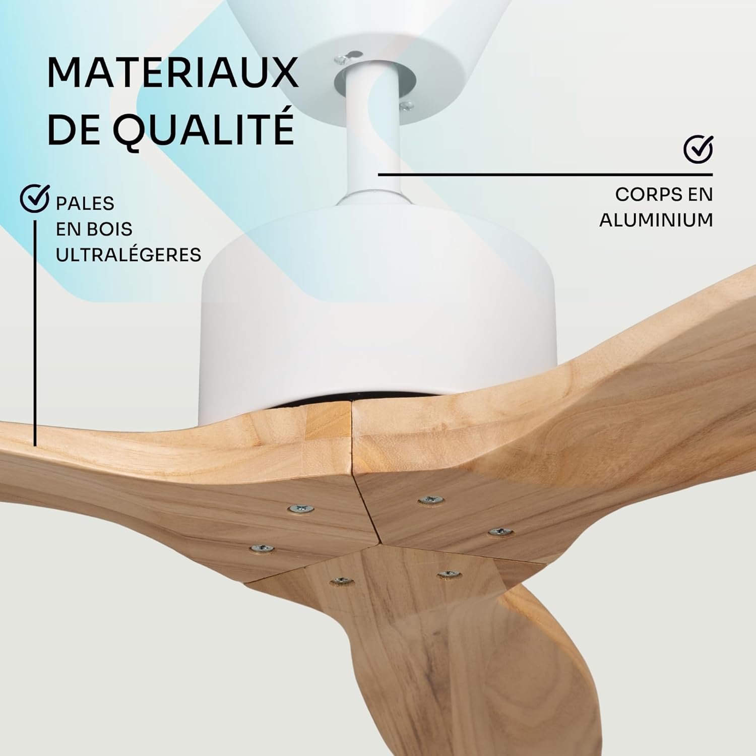 Mellerware - Ventilateur de plafond avec télécommande Brizy! 45W | Puissant | Ultra silencieux | 3 lames | Diamètre 132cm | 6 vitesses | Refroidissement + LED intégrée | Bois clair