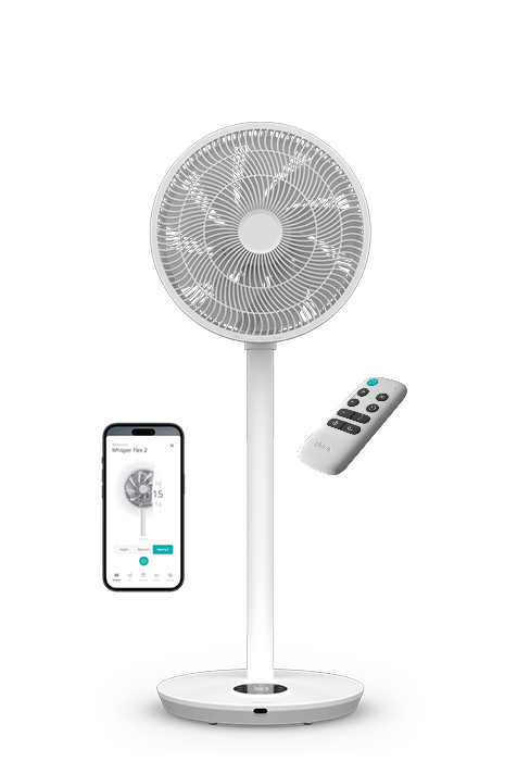 avec base circulaire, support haut et tête multipale. Comprend une télécommande et une application pour smartphone pour le fonctionnement. Le ventilateur est doté d'une hauteur et d'une oscillation réglables