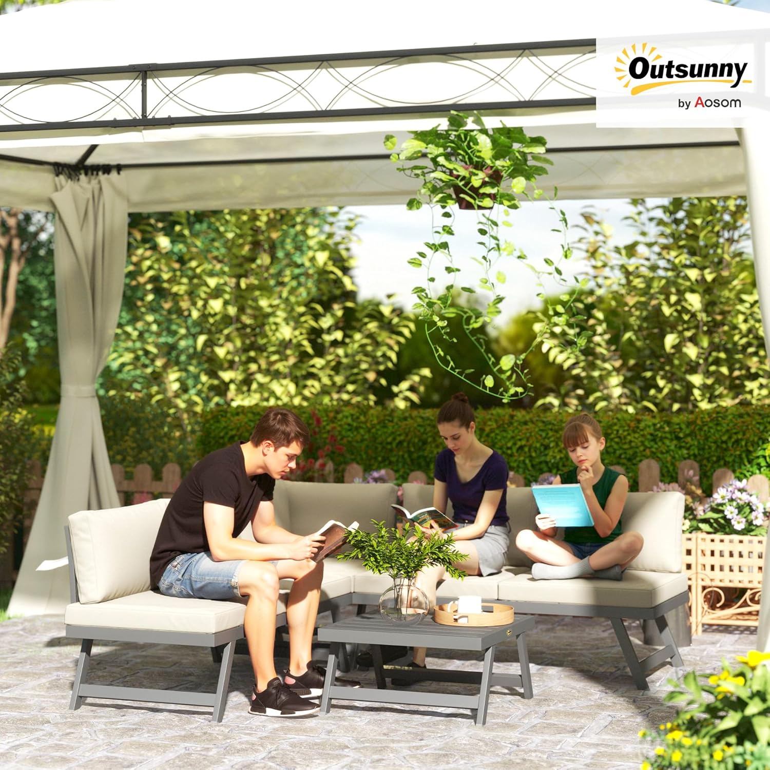 Outsunny - salon de jardin d'angle convertible 4 pcs - alu et acier, coussins, beige