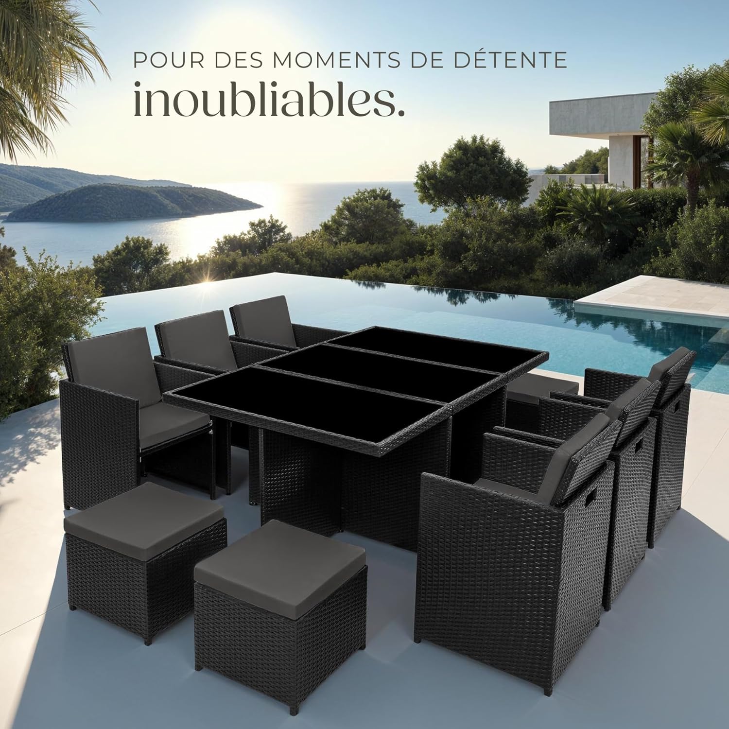 tectake - Salon de jardin Poly Rotin 10 personnes aluminium 2 housses, dimensions généreuses, noir