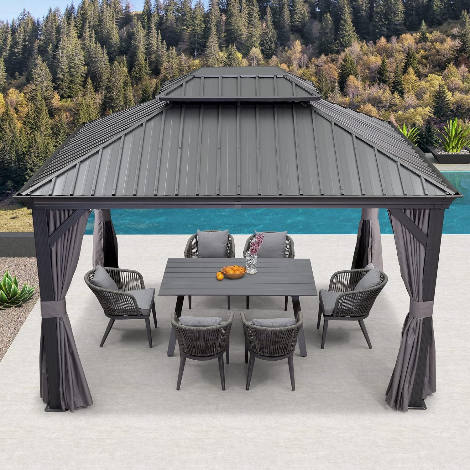 PURPLE LEAF - pergola double toit acier 4x3m, moustiquaire, rideaux