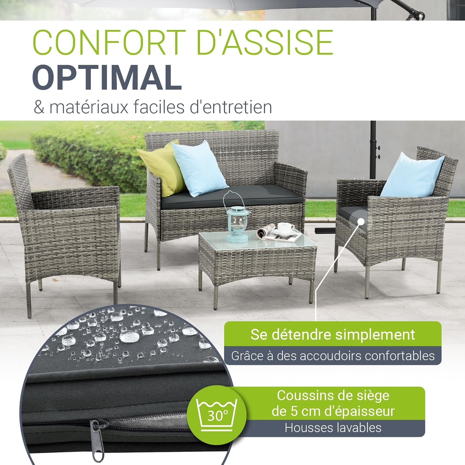 Juskys - Fort Myers salon de jardin 4 places, coussins gris, polyrotin