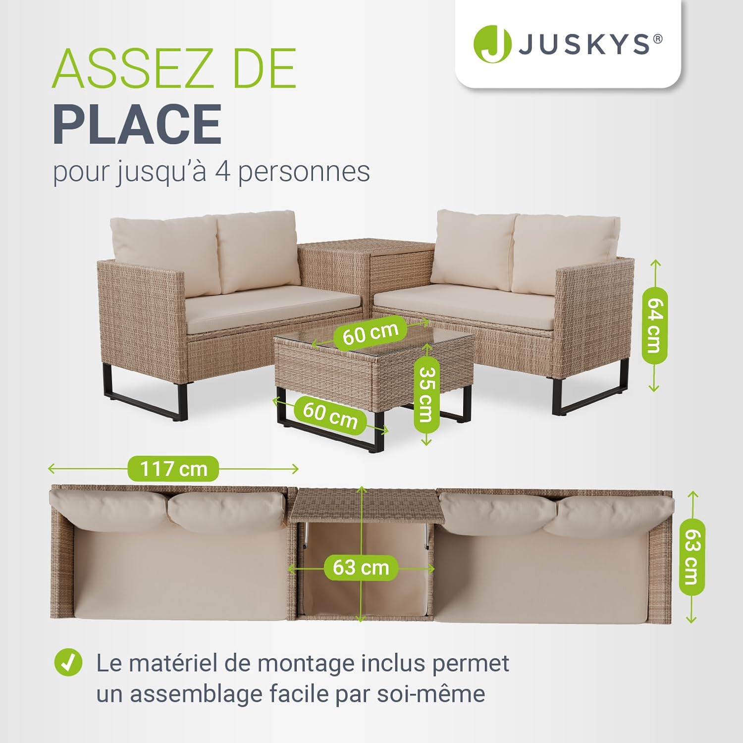 Juskys - Coin Lounge Santorini - salon d'extérieur, polyrotin crème, table basse avec coffre, résistant intempéries