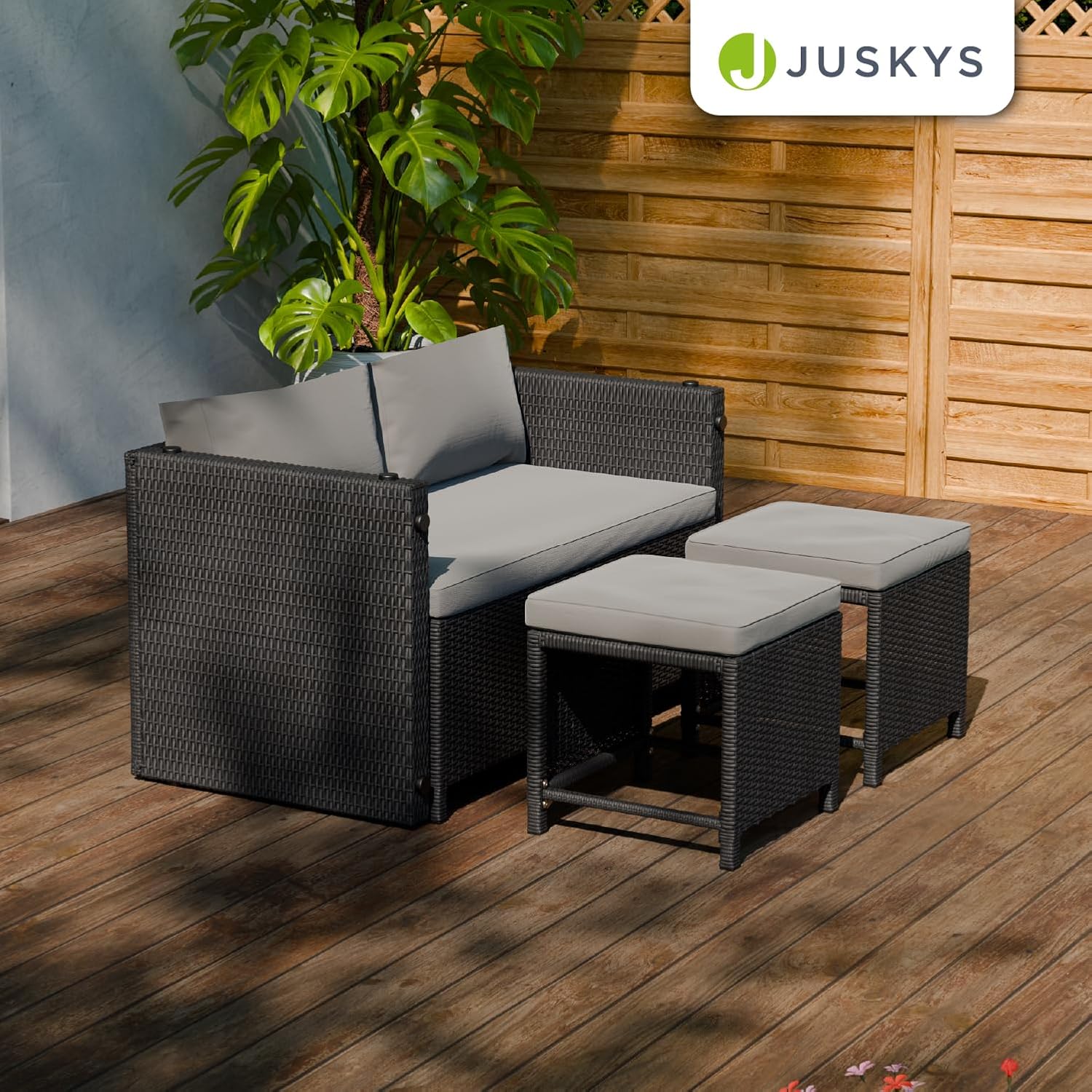 Juskys - Jamaika 2 en 1 - table, banc, 2 tabourets, coussins lavables, noir gris, jusqu'à 4 personnes