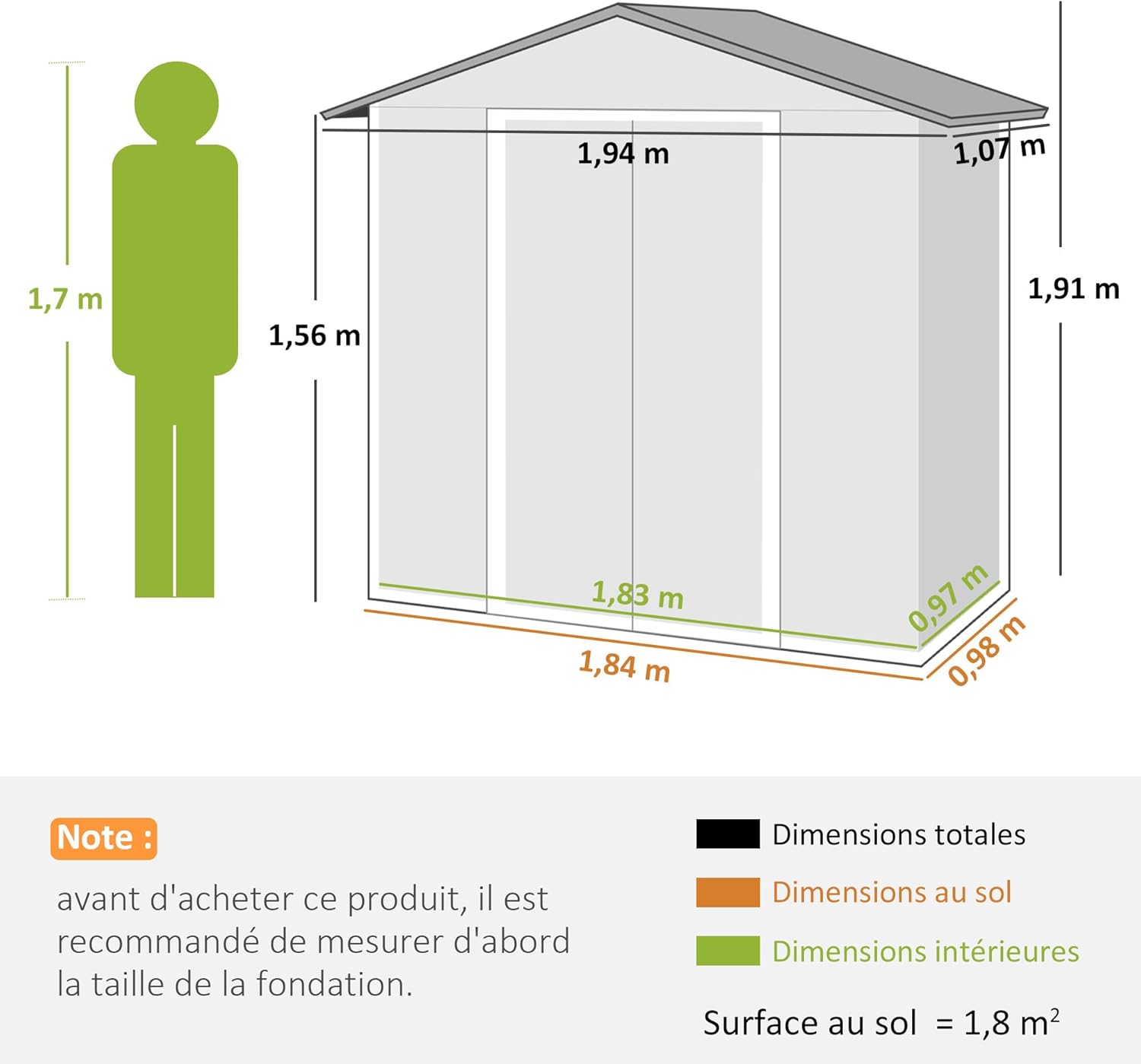 Outsunny - abri de jardin métal 1,8 m² - 194x107x191 cm, portes coulissantes, 4 aérations