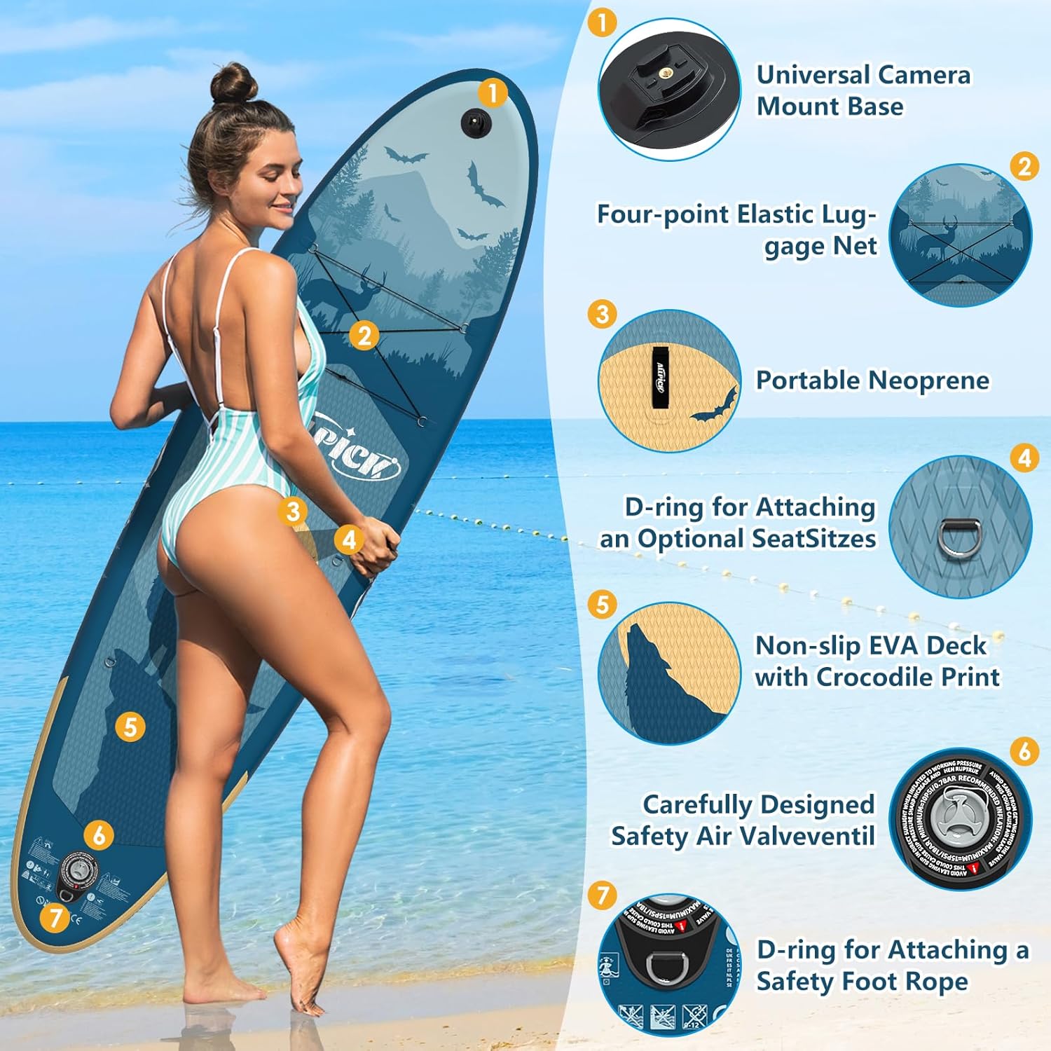 ALLPICK - paddle gonflable - 320cm - pagaie réglable, support caméra, 200kg