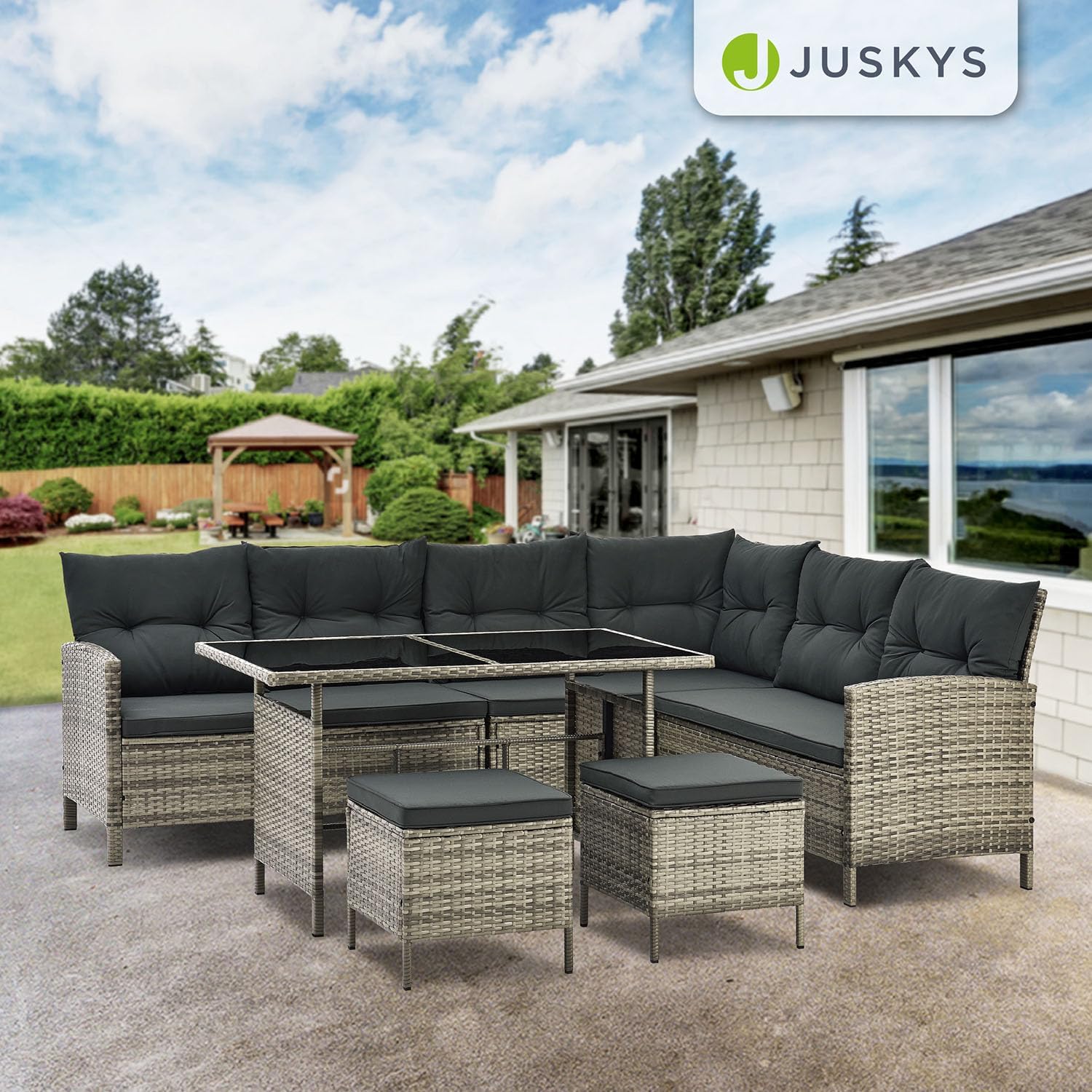 Juskys - Salon de Jardin Manacor - 7 places - Canapé, table, tabourets, coussins, housses, polyrotin gris