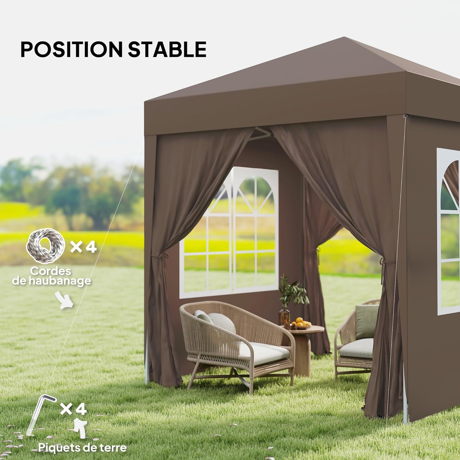 Outsunny - tonnelle pliante jardin 2x2m, hauteur réglable, 4 côtés, marron