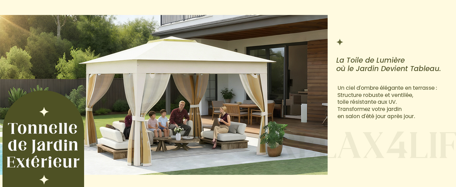 Le texte se lit comme suit : « Tonnelle de jardin extérieur ». Terrasse extérieure avec belvédère de couleur crème contenant des sièges confortables et des éléments décoratifs.