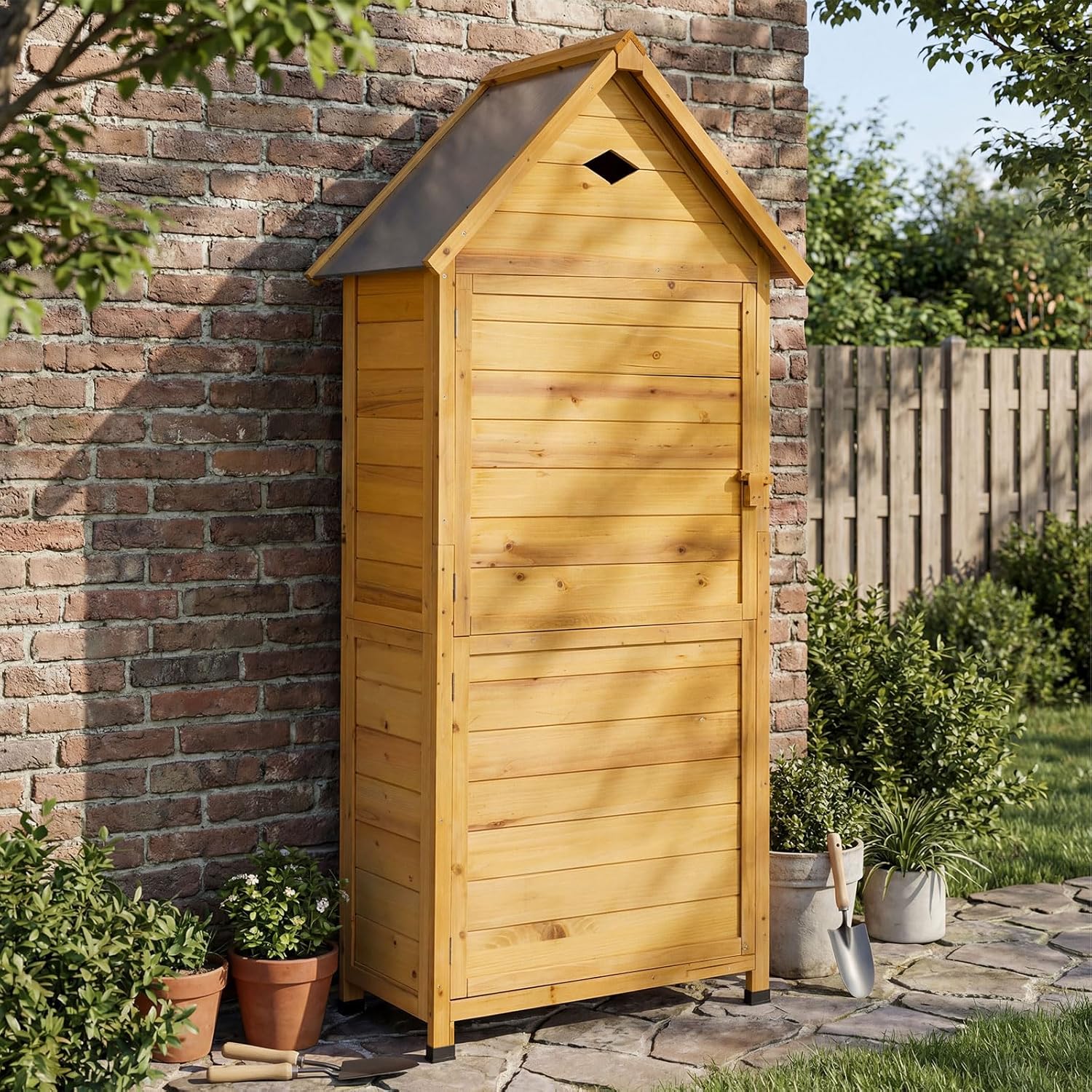 COSTWAY Armoire de Jardin Bois, Abri de Jardin Bois Extérieure avec Porte Verrouillable, Plancher, 4 Étagères Amovibles, Ventilation, Toit en Pente, pour Terrasse, Jardin, Balcon