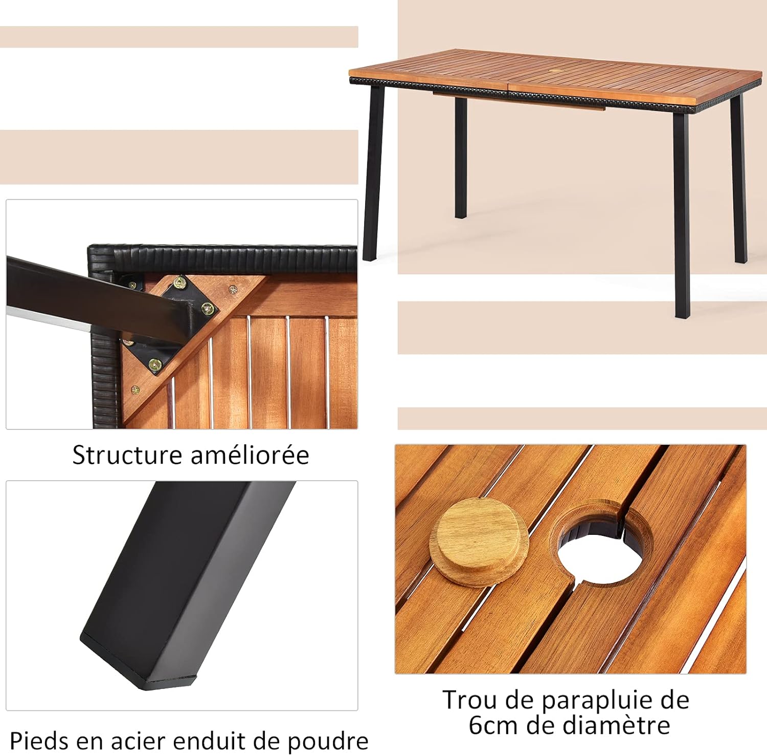 Costway - Table à manger bois et acier - 140x75x76 cm - trou parasol