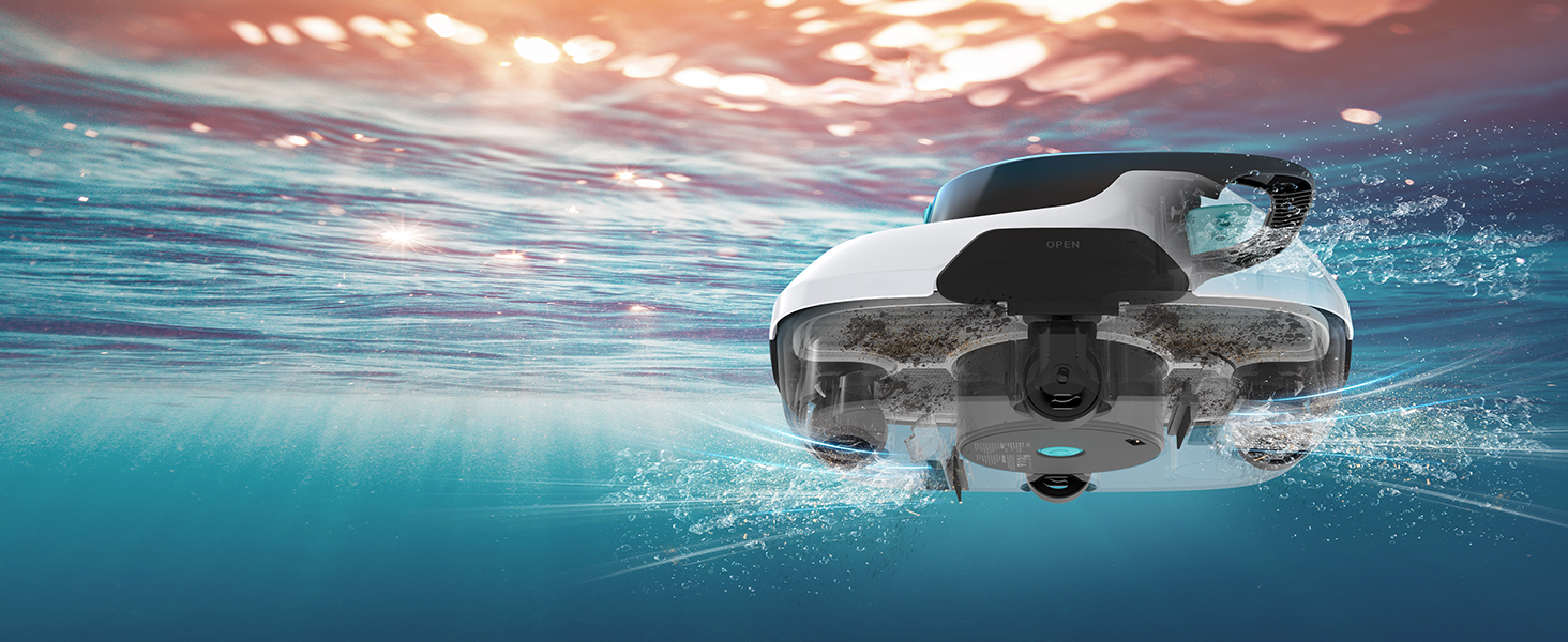 Drone sous-marin de couleur blanche et noire immergé dans une eau turquoise avec la lumière du soleil filtrant par le haut.