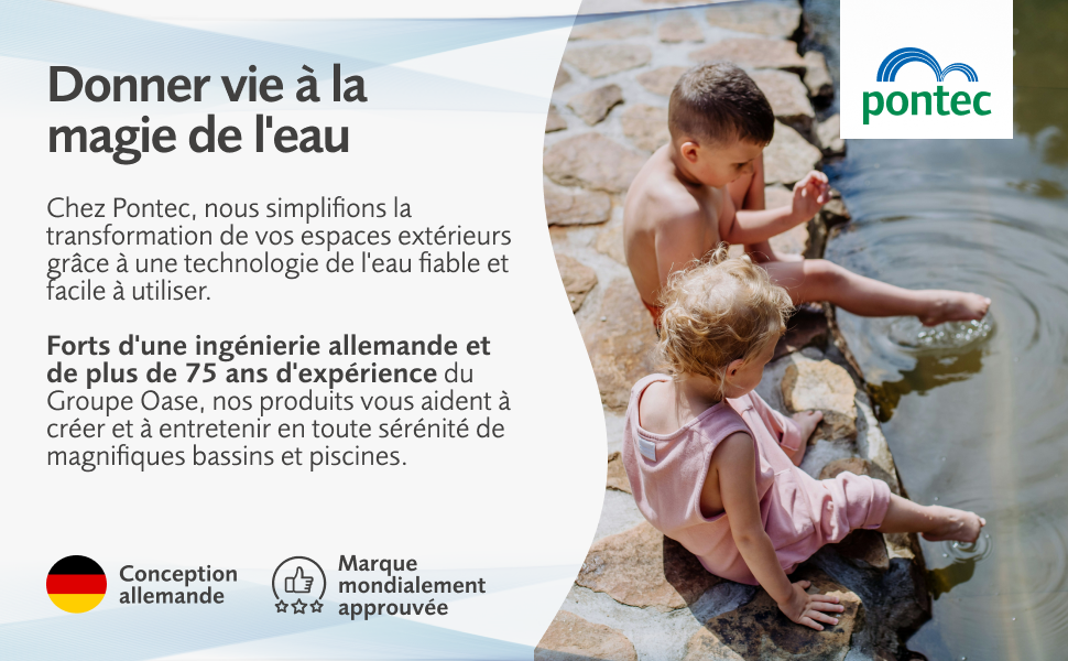 Le texte se lit comme suit : « Donner vie à la magie de l'eau ». Matériel marketing montrant l'installation d'un robinet avec le logo Philips et des symboles de certification allemands.
