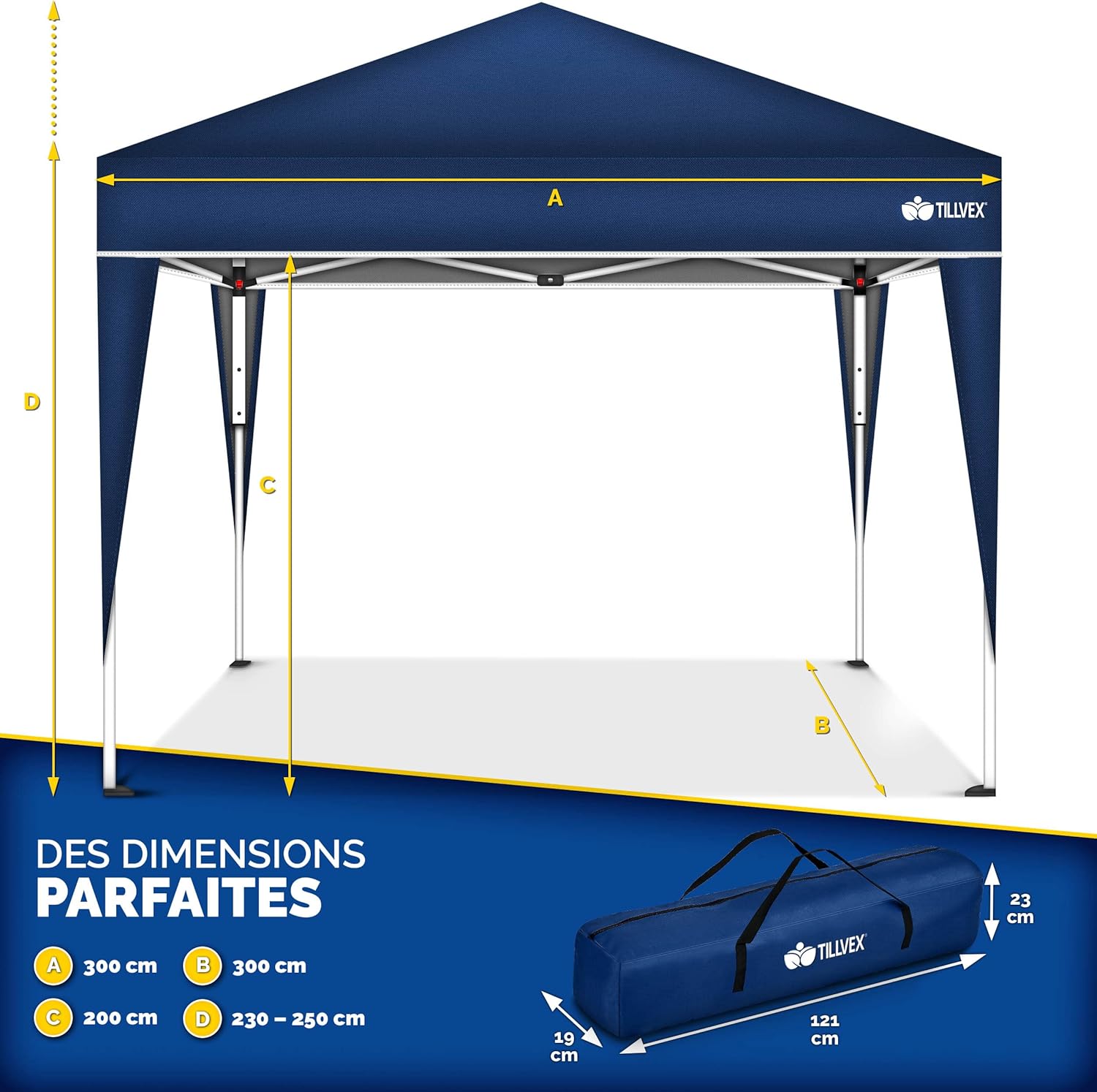 tillvex Tonnelle de Jardin 3 x 3 m Pliable | Tente Pliante à Hauteur réglable | Auvent pour Camping, Festival, Plage | Protection UV 50+ | Chapiteau avec Sac
