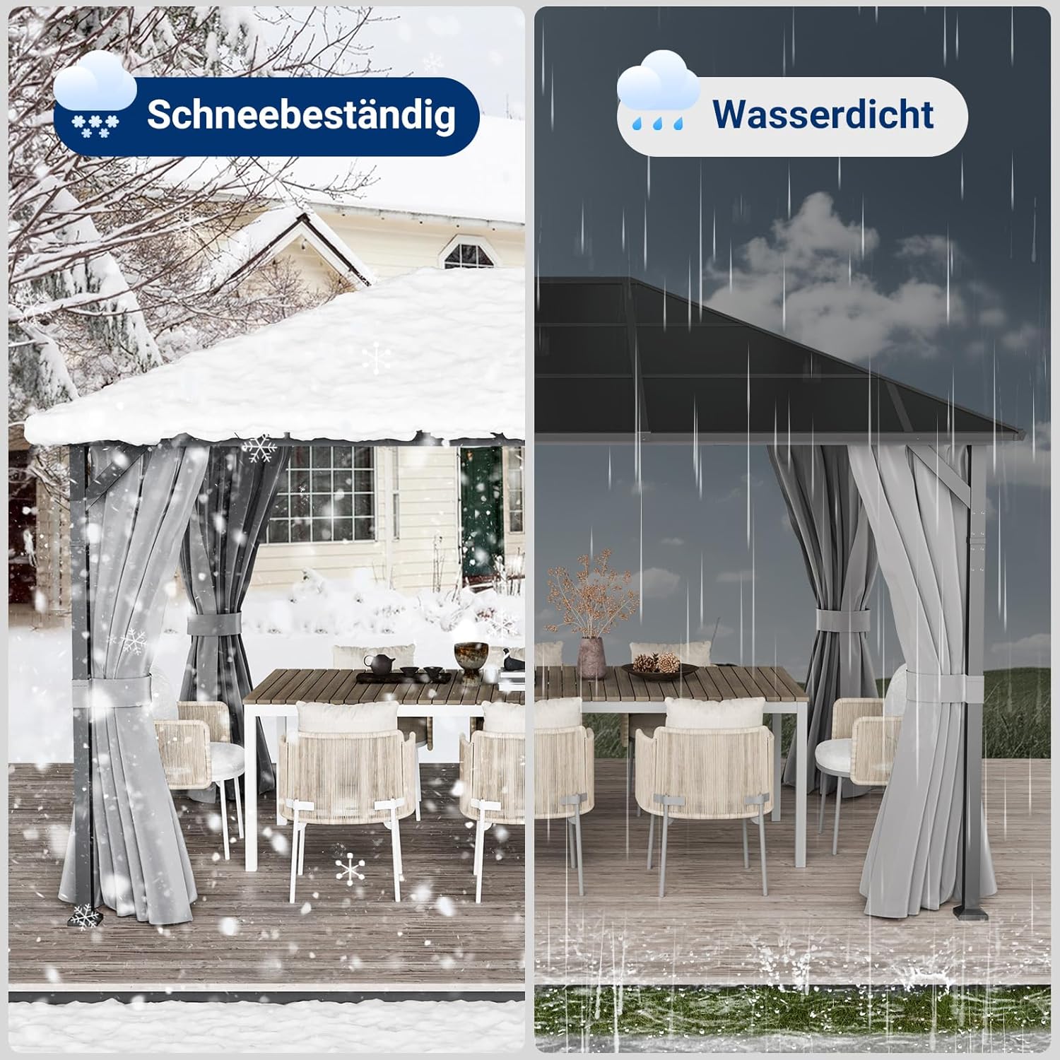 UDPATIO - Tonnelle série 3x4m, imperméable, UV, rideaux, gris, UDPATIO