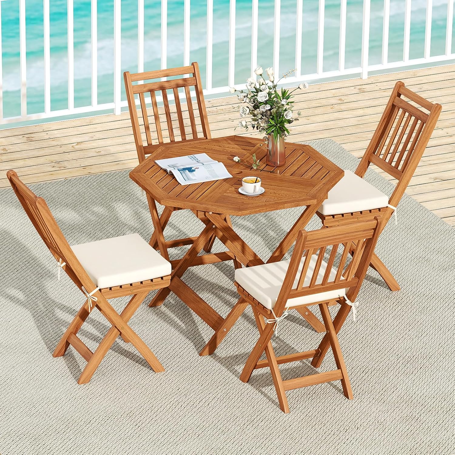 GOPLUS - Table de jardin octogonale - 90x72cm - bois, plateau lattes, trou de parapluie, charge 30kg